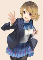 Rule 34 | 10s, 1girl, bag, beige background, blazer, blue skirt, brown hair, collared shirt, cowboy shot, hand up, jacket, koizumi hanayo, looking at viewer, love live!, love live! school idol project, open clothes, open jacket, open mouth, pantyhose, parsley-f, plaid, plaid skirt, pleated skirt, purple eyes, school bag, shirt, short hair, shoulder bag, simple background, skirt, smile, solo, swept bangs, waving, wavy hair, white shirt