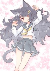Rule 34 | 1girl, :o, absurdres, animal ears, arm up, black hair, blush, cat ears, cat girl, cat tail, commentary request, feet out of frame, floral background, grey sailor collar, grey skirt, hair ornament, hair over one eye, hairclip, hand up, head tilt, highres, ichi (ichi.colors), long hair, long sleeves, midriff peek, neckerchief, original, parted lips, pleated skirt, red eyes, sailor collar, shirt, skirt, solo, tail, very long hair, white background, white shirt, yellow neckerchief