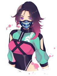 Rule 34 | 1girl, animification, apex legends, arm cutout, artist name, black hair, black leotard, commentary, english commentary, gradient hair, highres, itsaboutspoons, leotard, long hair, looking at viewer, mask, mouth mask, multicolored hair, official alternate costume, paint splatter, pink hair, pink shirt, punk phaser wraith, purple eyes, shirt, shrug (clothing), solo, white background, wraith (apex legends)
