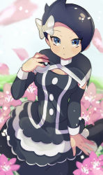 Rule 34 | 1girl, black dress, black hair, blue eyes, bow, creatures (company), detached sleeves, dress, field, flower, flower field, game freak, gothic lolita, hair bow, highres, holding, holding poke ball, lolita fashion, looking at viewer, marley (pokemon), nintendo, poke ball, pokemon, pokemon dppt, short hair, solo, umiru