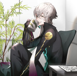 Rule 34 | 1boy, absurdres, asclepius (fate), bishounen, black jacket, black pants, clipboard, crossed bangs, cup, drinking, eyelashes, fate/grand order, fate (series), green eyes, grey hair, grin, highres, holding, holding cup, indoors, jacket, long arms, long hair, long sleeves, male focus, mug, pants, plant, ponytail, potted plant, sitting, smile, solo, table, very long hair, zuraa (naunau seijin)