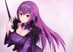 Rule 34 | 1girl, breasts, cleavage, dress, fate/grand order, fate (series), fur trim, hair between eyes, headpiece, holding, jewelry, large breasts, long hair, looking at viewer, purple dress, purple hair, red eyes, ribbon, scathach (fate), scathach skadi (fate), simple background, smile, solo, tiara, very long hair, wand, weapon, yoyuki