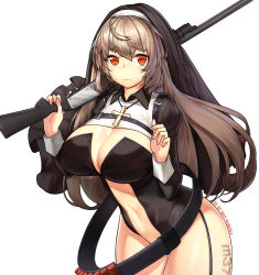 Rule 34 | 1girl, alternate costume, artist name, bandolier, breasts, brown hair, cartridge, character name, cleavage, cleavage cutout, clothing cutout, commentary, commentary request, cowboy shot, cross, dated, embarrassed, from side, garter straps, girls&#039; frontline, gun, habit, hair between eyes, highres, ithaca m37, jewelry, large breasts, latin cross, leg tattoo, leotard, long hair, looking at viewer, m37 (girls&#039; frontline), momera, necklace, nun, orange eyes, pump action, shotgun, shotgun shell, simple background, standing, tattoo, thighs, trigger discipline, weapon, white background