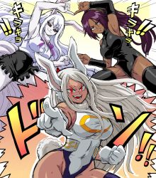 Rule 34 | 3girls, alternate costume, animal ears, animal hood, black legwear, black leotard, black sclera, bleach, boku no hero academia, breasts, carrot (one piece), colored sclera, dark-skinned female, dark skin, dragon ball, elbow gloves, female focus, fusion, fusion dance, gloves, heattech leotard, highres, hood, large breasts, leotard, lewdamone, long hair, looking at viewer, mirko, multiple girls, one piece, open mouth, parted lips, pointing, pointing at viewer, ponytail, purple hair, rabbit ears, rabbit hood, rabbit tail, red eyes, shihouin yoruichi, shirt, sleeveless, sleeveless shirt, smile, sulong form, tail, thighhighs, trait connection, turtleneck, white fur, white gloves, white hair, yellow eyes, zettai ryouiki
