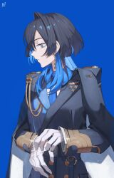 Rule 34 | 1girl, absurdres, aiguillette, artist name, blue background, blue eyes, blue hair, blue necktie, blue shirt, blue sleeves, chain, chain earrings, closed mouth, coat, coat on shoulders, collared shirt, gloves, highres, hololive, hololive english, lapel pin, medal, military uniform, necktie, o22no, official alternate costume, official alternate hairstyle, ouro kronii, ouro kronii (4th costume), shirt, simple background, solo, uniform, upper body, virtual youtuber, white gloves, wolf cut