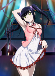 Rule 34 | 00s, 1girl, armpits, black hair, clothes lift, collar, collarbone, hair ornament, hand in own hair, ikkitousen, indoors, long hair, looking at viewer, moon, night, saji genpou (true), skirt, skirt lift, smile, solo, twintails, yellow eyes