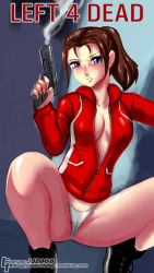 Rule 34 | 1girl, black hair, blue eyes, blush, breasts, brown hair, cameltoe, cleavage, gun, jacket, left 4 dead, legs, no pants, open clothes, open shirt, panties, ponytail, shirt, smoke, solo, squatting, thighs, underwear, weapon, white panties, zoey (left4dead)