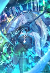 Rule 34 | 1girl, black bow, black dress, black footwear, blue eyes, boots, bow, braid, breasts, crown, dress, fate/grand order, fate (series), french braid, grey hair, hair bow, highres, large breasts, long hair, long sleeves, looking at viewer, morgan le fay (fate), morgan le fay (queen of winter) (fate), pelvic curtain, ponytail, reluvy, sidelocks, solo, staff, thigh boots, thighs, throne, two-tone dress, veil, very long hair, white dress, wide sleeves