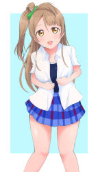 Rule 34 | 10s, 1girl, absurdres, blush, bow, breasts, brown eyes, green bow, grey hair, hair bow, highres, large breasts, long hair, looking at viewer, love live!, love live! school idol project, minami kotori, open clothes, open mouth, open shirt, otonokizaka school uniform, school uniform, side ponytail, smile, solo, standing, swimsuit, swimsuit under clothes, wewe