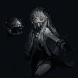 Rule 34 | 10s, 1girl, absurdres, abyssal ship, ahoge, bare shoulders, covered mouth, cowboy shot, dark, dress, grey background, gyup91, highres, horns, kantai collection, long hair, looking at viewer, mittens, monochrome, northern ocean princess, red eyes, sleeveless, sleeveless dress, solo, spot color, white hair