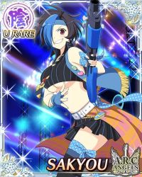 Rule 34 | 10s, 1girl, armband, bare shoulders, belt, belt buckle, between breasts, black hair, blue hair, breasts, buckle, card (medium), dot nose, eyebrows, female focus, fingerless gloves, fingernails, from side, gloves, grin, gun, hair over one eye, headband, holding, holding gun, holding weapon, jpeg artifacts, large breasts, looking at viewer, multicolored hair, necktie, necktie between breasts, polka dot, red eyes, sakyou (senran kagura), senran kagura, short hair, shotgun, skirt, sleeveless, smile, solo, striped clothes, striped thighhighs, teeth, thigh strap, thighhighs, two-tone hair, underboob, weapon, zettai ryouiki