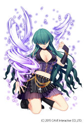 Rule 34 | 1girl, black footwear, blue gloves, boots, breasts, chain, character request, choker, cleavage, collarbone, commentary request, cross, cross-laced footwear, elbow gloves, facing viewer, fingerless gloves, full body, gloves, gothic wa mahou otome, green hair, hair over face, highres, jenevan, jewelry, kneeling, lace-up boots, large breasts, long hair, magic, midriff, navel, official art, open clothes, open shirt, parted lips, pleated skirt, purple skirt, shirt, skirt, smile, solo, very long hair, watermark, white background