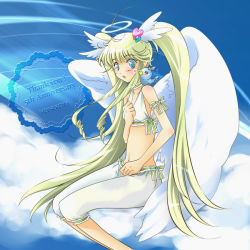 Rule 34 | 1girl, bird, blonde hair, blue eyes, blush, cloud, flat chest, halo, long hair, looking at viewer, meineko, midriff, open mouth, original, skinny, sky, solo, twintails, wings