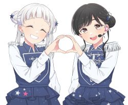 Rule 34 | 2girls, ^ ^, animification, arashi chisato, black hair, blue jacket, blue skirt, brown eyes, closed eyes, double bun, earpiece, epaulettes, hair behind ear, hair bun, hair ornament, heart, heart hands, heart hands duo, highres, jacket, looking at viewer, love live!, love live! superstar!!, misaki nako, multiple girls, open mouth, real life, single side bun, skirt, smile, star (symbol), star hair ornament, twintails, voice actor, wabe417, white background