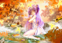 Rule 34 | 1girl, absurdres, ahoge, ass, autumn leaves, azur lane, bamboo, blurry, breasts, commentary request, depth of field, hugging doll, food, hair bun, hair ribbon, highres, huge filesize, in water, leaf, long hair, looking at viewer, maple leaf, hugging object, one side up, onsen, parted lips, pudding, purple eyes, purple hair, ribbon, side bun, sideboob, single hair bun, single side bun, sitting, solo, steam, stuffed animal, stuffed pegasus, stuffed toy, stuffed unicorn, stuffed winged unicorn, tears, theleopardcat, unicorn (azur lane), wariza