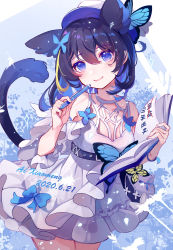 Rule 34 | absurdres, ai xiao meng, animal ears, artist request, bare shoulders, belt, book, bow, bug, butterfly, dress, eyebrows, hair between eyes, hair ornament, highres, holding, holding book, holding pen, honkai (series), honkai impact 3rd, insect, looking at viewer, notebook, pen, seele vollerei, signature, smile, solo, tail