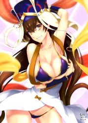 Rule 34 | 1girl, arm up, beads, bikini, blush, breast hold, breasts, brown hair, cleavage, collarbone, contrapposto, fate/grand order, fate (series), grin, hat, highres, jewelry, large breasts, long hair, looking at viewer, mattari yufi, prayer beads, purple bikini, signature, smile, solo, swimsuit, xuangzang sanzang (fate), yellow eyes