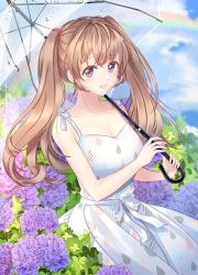 Rule 34 | 1girl, blue sky, breasts, cloud, cloudy sky, collarbone, commentary, day, dress, fingernails, flower, hair between eyes, highres, holding, holding umbrella, hydrangea, light brown hair, looking at viewer, original, outdoors, parted lips, purple eyes, purple flower, rainbow, saltycaramel, sky, sleeveless, sleeveless dress, small breasts, smile, solo, transparent, transparent umbrella, twintails, umbrella, white dress