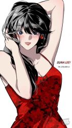 Rule 34 | 1girl, aishang ta de liyou, arms up, black hair, blue eyes, blush, dress, english text, lee duna, long hair, looking at viewer, official art, open mouth, red dress, simple background, smile, very long hair, white background