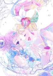 Rule 34 | 2girls, :d, ap (pixiv74197750), blonde hair, blue eyes, blue hair, blue nails, closed mouth, clothing cutout, cure la mer, cure summer, earrings, closed eyes, fingerless gloves, floating hair, flower, from side, gloves, gradient hair, hair flower, hair ornament, heart cutout, highres, jewelry, long hair, looking at another, multicolored hair, multiple girls, nail polish, open mouth, pink flower, pink hair, precure, profile, sleeveless, smile, tropical-rouge! precure, upper body, very long hair, white background, white gloves