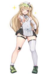 Rule 34 | 1girl, amagi (amagi626), azur lane, bache (azur lane), bache (showy sports star) (azur lane), bandaid, bandaid on knee, bandaid on leg, bare shoulders, black choker, blonde hair, blush, choker, covered navel, detached sleeves, full body, green footwear, hat, highres, long hair, long sleeves, one eye closed, parted lips, purple eyes, shirt, shoes, single thighhigh, smile, solo, standing, thigh strap, thighhighs, thighs, twintails, white background, white hat, white thighhighs