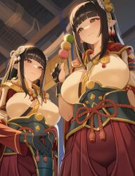 Rule 34 | 2girls, absurdres, black gloves, black hair, blunt bangs, bocchan dango, breasts, ceiling, closed mouth, dango, ddog, expressionless, food, from below, gloves, hakama, highres, hinoa, holding, holding food, indoors, interlocked fingers, japanese clothes, large breasts, light smile, minoto, monster hunter (series), monster hunter rise, multiple girls, own hands clasped, own hands together, partially fingerless gloves, pointy ears, red hakama, red rope, rope, siblings, sisters, twins, wagashi, white rope, wooden ceiling, yellow eyes