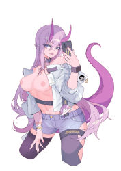 Rule 34 | 1girl, absurdres, anchorage akiko, bare shoulders, belt, bracelet, breasts, cellphone, chain, collar, contrapposto, dragon girl, gluteal fold, hair between eyes, highres, horns, jewelry, long hair, nail polish, nipples, no bra, open clothes, open shirt, original, phone, pink hair, pointy ears, purple eyes, shorts, smartphone, smile, solo, tail, thighhighs, watch, wristwatch