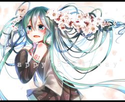 1girl aqua_eyes aqua_hair bare_shoulders blush detached_sleeves flower hair_flower hair_ornament happy_birthday hatsune_miku letterboxed long_hair uruha_(yw1109) vocaloid