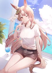 Rule 34 | 1girl, ;), absurdres, animal ears, black shorts, blue sky, bow, breasts, brown eyes, brown hair, closed mouth, cloud, collarbone, commentary request, cup, day, drink, ear ribbon, elanore, glass, green ribbon, highres, horizon, horse ears, horse girl, horse tail, long hair, looking at viewer, medium breasts, ocean, one eye closed, outdoors, ribbon, satono diamond (umamusume), shirt, shorts, sitting, sky, smile, tail, thighs, umamusume, white shirt