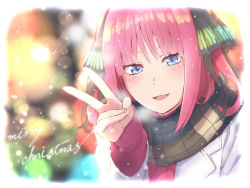 Rule 34 | 1girl, :d, black ribbon, blue eyes, blunt bangs, blush, brown scarf, butterfly hair ornament, christmas, coat, eyebrows hidden by hair, go-toubun no hanayome, hair ornament, highres, looking at viewer, merry christmas, nakano nino, open mouth, pink hair, red sweater, ribbon, scarf, simple background, sleeves past wrists, smile, sweater, twintails, v, white coat, yuki yuxtuke