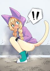Rule 34 | !, 1girl, aqua footwear, bike shorts, bike shorts pull, blonde hair, blush, braid, cat girl, cat tail, commentary, converse, embarrassed, english commentary, from side, full-face blush, furry, furry female, hair between eyes, highres, hood, hood up, hoodie, looking at viewer, nervous sweating, original, outdoors, panties, panty pull, pee, peeing, purple hoodie, shoes, solo, spoken exclamation mark, squatting, surprised, sweat, tail, twin braids, underwear, uno usaya