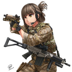 Rule 34 | 1girl, aiming, ammunition pouch, assault rifle, brown hair, buckle, camouflage, commentary, desert camouflage, flashlight, gloves, gun, gun sling, handgun, headset, highres, holding, holding gun, holding weapon, holster, jacket, jpc, load bearing vest, military, military jacket, muzzle device, original, pistol, pouch, rifle, scope, snap-fit buckle, solo, watch, weapon, weapon request, white background, wristwatch, yellow eyes