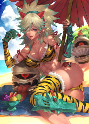 Rule 34 | 1girl, abs, animal print, aqua hair, armor, ass, asymmetrical gloves, beach, beach towel, beach umbrella, bikini, black gloves, blonde hair, blue eyes, bowl, breasts, cherry, churayuki, claw (weapon), cleavage, cloud, day, earrings, elbow gloves, eyelashes, fang, female focus, fingerless gloves, food, front-tie top, fruit, gauntlets, gloves, grapes, greaves, hair over one eye, hairband, highres, holding, holding umbrella, horns, jewelry, large breasts, lips, lipstick, long hair, looking at viewer, lying, makeup, mango, mascara, melon, mismatched gloves, multicolored hair, muscular, navel, ocean, open mouth, original, outdoors, palm tree, parasol, parted bangs, pear, scan, scan artifacts, shade, side-tie bikini bottom, single thighhigh, sky, solo, spiked hair, sunlight, swimsuit, thighhighs, tiger print, tongue, towel, traditional youkai, tree, two-tone hair, umbrella, watermelon, weapon