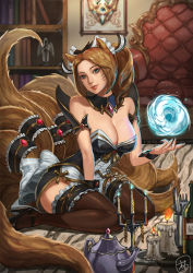 Rule 34 | 1girl, ahri (league of legends), alternate costume, animal ears, bad id, bad pixiv id, bare shoulders, blue eyes, blue fire, bookshelf, bottle, bow, breasts, brown hair, candle, candlestand, chair, cleavage, energy ball, facial mark, female focus, fire, fork, fox ears, fox tail, high heels, highres, huge breasts, knife, large bow, league of legends, multiple tails, short ponytail, sitting, smile, solo, supullim, tail, teapot, thigh strap, thighhighs, wariza, whisker markings, wrist cuffs