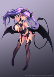 Rule 34 | 1girl, absurdres, amei sumeru, bare shoulders, black hairband, black thighhighs, black wings, blush, breasts, bridal gauntlets, cleavage, collarbone, demon girl, demon horns, demon tail, demon wings, earrings, garter straps, gluteal fold, hairband, highres, horns, jewelry, large breasts, leaning forward, long hair, looking at viewer, low wings, nipples, original, pointy ears, purple hair, red eyes, see-through, simple background, smile, solo, tail, thighhighs, twintails, wings