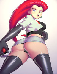 Rule 34 | 1girl, alternate color, angry, apostle, ass, big hair, black panties, black thighhighs, blue eyes, blush, breasts, creatures (company), crop top, cropped jacket, dutch angle, earrings, elbow gloves, from behind, from below, game freak, gloves, hair slicked back, holding, holding poke ball, impossible clothes, jessie (pokemon), jewelry, large breasts, lipstick, long hair, looking back, makeup, microskirt, miniskirt, nintendo, open mouth, panties, pantyshot, poke ball, poke ball (basic), pokemon, pokemon (anime), red hair, shiny clothes, skirt, solo, team rocket, thighhighs, thighs, thong, underwear, upskirt