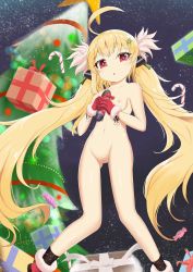 Rule 34 | 1girl, absurdres, ahoge, azur lane, black socks, blonde hair, blush, boots, bow, box, breasts, candy, candy cane, candy wrapper, chestnut mouth, christmas, christmas ornaments, christmas tree, collarbone, denkouseka akaiken, eldridge (azur lane), eldridge (holy night&#039;s embrace) (azur lane), food, fur-trimmed boots, fur-trimmed gloves, fur trim, gift, gift box, gloves, gluteal fold, hair ornament, head tilt, highres, holding, holding torpedo, long hair, looking at viewer, navel, nipples, nude, parted lips, pussy, red bow, red eyes, red footwear, red gloves, red ribbon, ribbon, small breasts, socks, solo, star (symbol), torpedo, twintails, very long hair