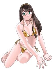 Rule 34 | 1girl, alternate costume, aqua eyes, barefoot, bikini, black hair, breasts, clenched hand, commentary request, glasses, gold bikini, gold hairband, hairband, highres, kantai collection, long hair, looking at viewer, ojipon, ooyodo (kancolle), semi-rimless eyewear, side-tie bikini bottom, simple background, sitting, small breasts, smile, solo, swimsuit, white background, yokozuwari