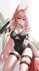 Rule 34 | 1girl, absurdres, animal ears, arknights, bare shoulders, black gloves, breasts, cleavage, commentary, elbow gloves, english commentary, gloves, gongbangmanchi (daisy cutter), highres, kneeling, large breasts, long hair, looking at viewer, parted lips, pink hair, pozyomka (arknights), red eyes, solo, thigh strap, thighs
