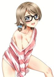 Rule 34 | 1girl, :d, absurdres, alternate hairstyle, between legs, black-framed eyewear, blue eyes, blue scrunchie, blush, breasts, brown hair, cleavage, clothes tug, collarbone, glasses, hair ornament, hair scrunchie, hand between legs, highres, long sleeves, looking at viewer, love live!, love live! sunshine!!, medium breasts, medium hair, off-shoulder sweater, off shoulder, open mouth, polka dot, polka dot scrunchie, sankuro (agoitei), scan, scrunchie, shirt tug, short twintails, simple background, sitting, smile, solo, striped clothes, striped sweater, sweater, sweater tug, twintails, watanabe you, white background