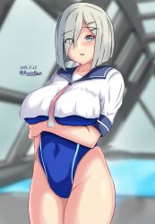 Rule 34 | 1girl, blue eyes, blue sailor collar, blue one-piece swimsuit, blush, breasts, clothing cutout, competition swimsuit, crossed arms, dated, eyes visible through hair, hair ornament, hairclip, hamakaze (kancolle), highres, kantai collection, large breasts, looking at viewer, montemasa, one-piece swimsuit, open mouth, rei no pool, sailor collar, school uniform, serafuku, short hair, silver hair, swimsuit, swimsuit under clothes, twitter username