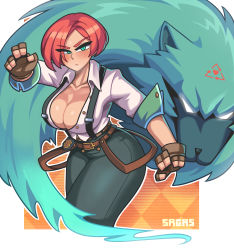 Rule 34 | 1girl, absurdres, animal, aqua eyes, belt, black pants, border, breasts, brown belt, checkered background, cleavage, clenched hand, dark-skinned female, dark skin, fighting stance, friends, giovanna (guilty gear), gold belt, guilty gear, guilty gear strive, hair over one eye, high-waist pants, highres, korean commentary, large breasts, pants, police badge, red hair, rei (guilty gear), sagas293, short hair, spirit, suspenders, thighs, triangle, white background, wolf