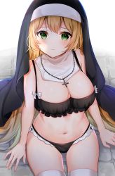 Rule 34 | 1girl, absurdres, bikini, black bikini, blonde hair, blush, breasts, cleavage, closed mouth, cross, cross necklace, detached collar, green eyes, habit, highres, jewelry, katsushika pachi, large breasts, long hair, navel, necklace, nun, on floor, original, solo, stomach, stone floor, straight hair, swimsuit, thighhighs, upper body, very long hair, white thighhighs
