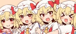 Rule 34 | &gt; &lt;, 4girls, arm up, artist name, ascot, blonde hair, blush, bow, character doll, closed eyes, closed mouth, collared shirt, crossed bangs, crystal, doll, dress, fang, fangs, fingernails, flandre scarlet, four of a kind (touhou), frills, hair between eyes, hair bow, hand on another&#039;s shoulder, hand up, hat, hat bow, hat ribbon, heart, heart-shaped pupils, highres, holding, holding doll, kirero, looking at another, looking at viewer, mob cap, multicolored wings, multiple girls, multiple persona, one side up, open mouth, orange background, pink headwear, puffy short sleeves, puffy sleeves, purple hair, red bow, red dress, red eyes, red ribbon, remilia scarlet, ribbon, shirt, short hair, short sleeves, simple background, smile, standing, symbol-shaped pupils, tongue, touhou, upper body, v-shaped eyebrows, white headwear, white shirt, wings, wrist cuffs, yellow ascot
