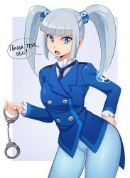 Rule 34 | 1girl, blue eyes, blue pantyhose, blue theme, blunt bangs, cowboy shot, cube hair ornament, cuffs, formal, hair ornament, hand on own hip, handcuffs, iwbitu, looking at viewer, pantyhose, profanity, rkn-chan, russian text, silver hair, solo, suit, twintails, v-shaped eyebrows
