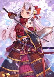 Rule 34 | 1girl, arm guards, armor, armpit crease, bare shoulders, bell, blush, bow, breasts, closed mouth, commentary request, cosplay, dual wielding, fate/grand order, fate (series), gloves, hair bow, headband, holding, holding sword, holding weapon, hololive, horns, japanese armor, jingle bell, katana, kote, kusazuri, long hair, looking at viewer, medium breasts, nakiri ayame, pom pom (clothes), red eyes, sheath, sideboob, silver hair, skin-covered horns, sleeveless, solo, standing, sword, tomoe gozen (fate), tomoe gozen (fate) (cosplay), trait connection, unsheathed, virtual youtuber, weapon, yasume yukito