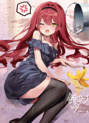 1girl anger_vein banana_peel bare_shoulders black_dress black_hairband black_thighhighs bucket dated dress drill_hair hairband highres kanda_done long_hair looking_at_viewer lying one_eye_closed open_mouth original red_hair signature sleeveless sleeveless_dress spoken_anger_vein thighhighs wet_thighhighs yellow_eyes