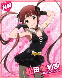 Rule 34 | &gt;:), 10s, 1girl, armlet, armpits, brown eyes, brown hair, character name, female focus, fingerless gloves, gloves, heart, idolmaster, idolmaster million live!, kawakami tetsuya, pantyhose under shorts, looking at viewer, matsuda arisa, official art, pantyhose, pink background, shorts, smile, solo, twintails, v-shaped eyebrows