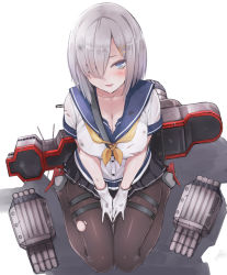 Rule 34 | 1girl, :d, ammunition, between breasts, black pantyhose, black skirt, blue eyes, blush, breasts, buttons, cleavage, collarbone, from above, full body, gloves, grey footwear, hair ornament, hair over one eye, hairclip, hamakaze (kancolle), hands on lap, highres, kantai collection, knees together feet apart, large breasts, looking at viewer, machinery, miniskirt, open mouth, own hands together, pale skin, pantyhose, pleated skirt, school uniform, serafuku, shirt, shoes, short hair, short sleeves, silver hair, simple background, sitting, skirt, smile, solo, strap between breasts, thigh strap, torn clothes, torn pantyhose, torn shirt, torpedo, v arms, wariza, white background, white gloves, yukiguni yuu