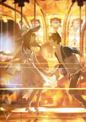 Rule 34 | 1boy, 1girl, backlighting, bag, bare arms, bare shoulders, black hair, black pants, blue jacket, blurry, blurry background, buttons, carousel, day, depth of field, dress, floating hair, hat, hat ribbon, high heels, highres, holding hands, jacket, light particles, long hair, long sleeves, looking at another, loundraw, midair, motion lines, open clothes, open jacket, open mouth, original, pants, parted lips, profile, red footwear, reflection, ribbon, shirt, shoes, short hair, shoulder bag, sidelocks, signature, sleeveless, sleeveless dress, sun hat, teeth, white dress, white footwear, white hat, white ribbon, white shirt